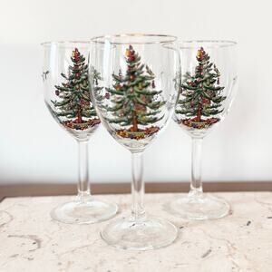 Spode Christmas Tree Wine Glass Water Goblet Set of Three 7.25” Gold Rim READ